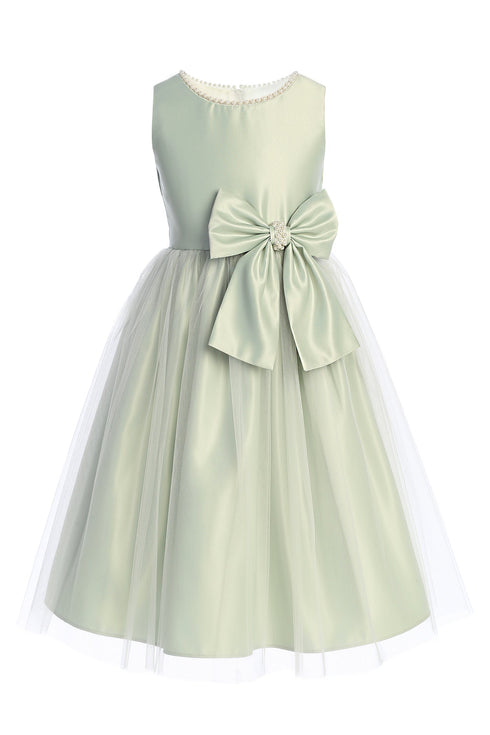 Girls Sage Satin Tulle Pearl Ribbon Flower Girl Dress 2-14